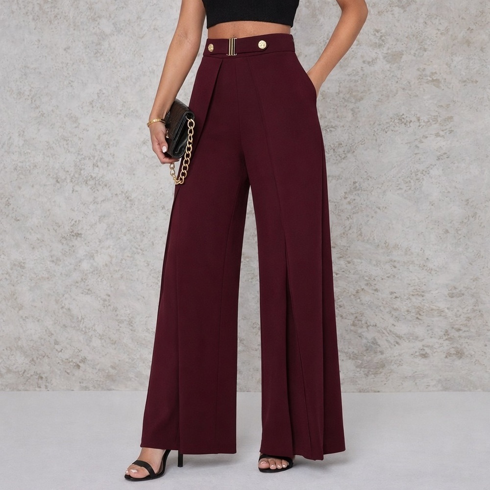 Valentine High-Waisted Burgundy Wide Leg Pants | Small | Elegant Flowy Trousers
